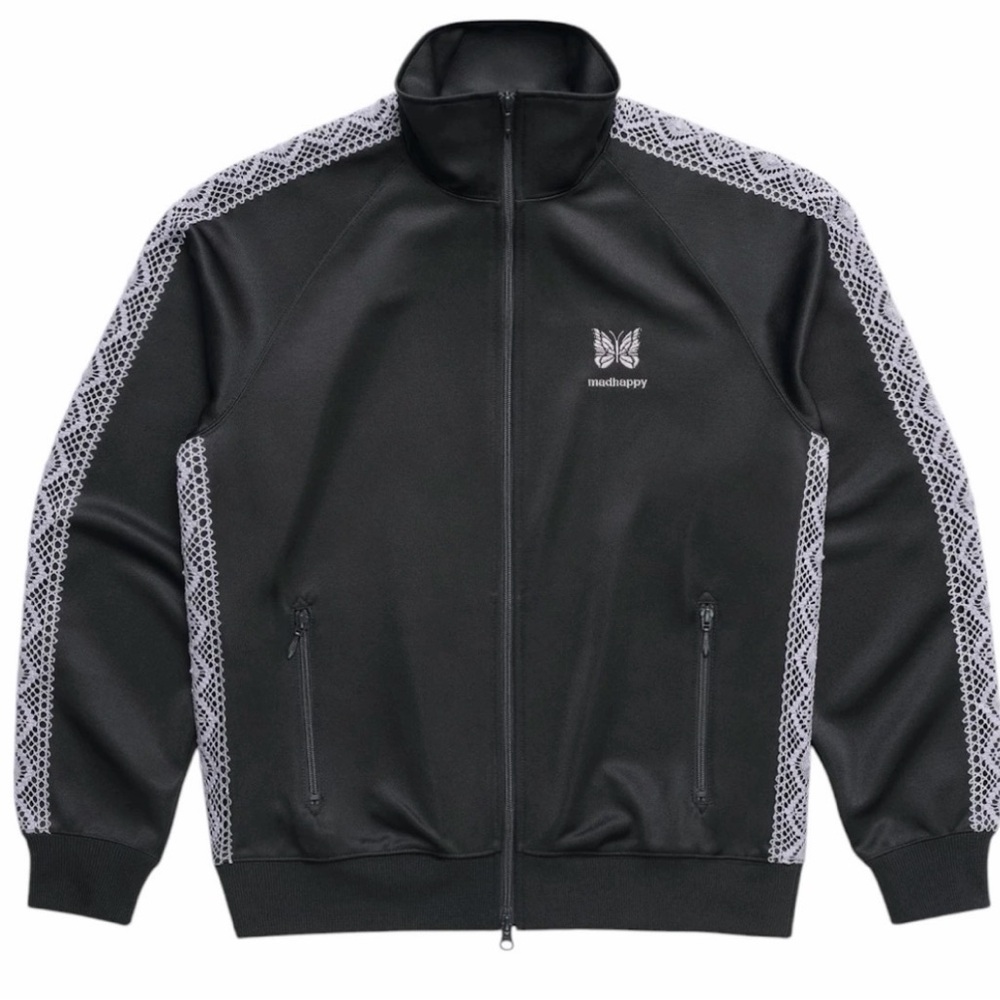Madhappy x Needles track jacket w/lace trim in graphite. L.